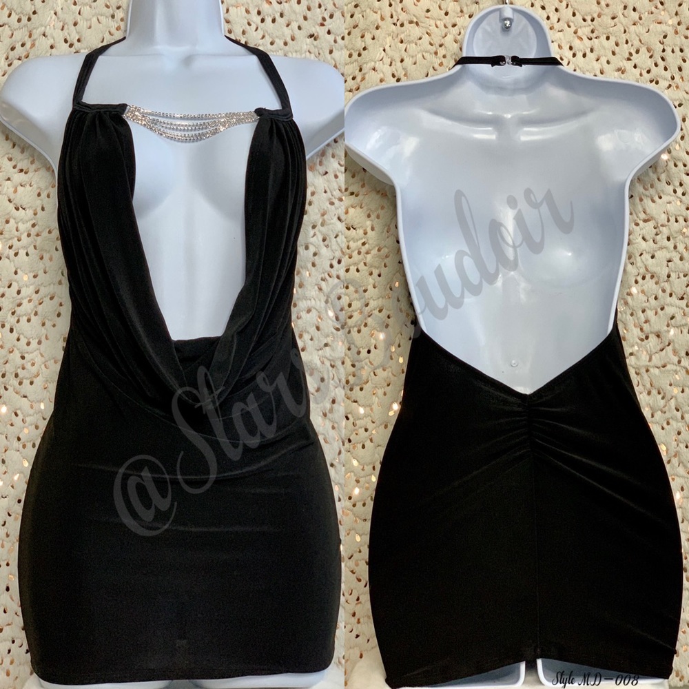 New Dance Wear 🖤Black 🖤Drape Halter Mini Dress W/Rhinestone Accents